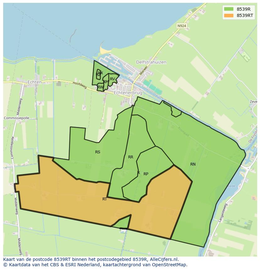 Afbeelding van het postcodegebied 8539 RT op de kaart.