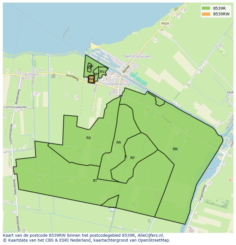 Afbeelding van het postcodegebied 8539 RW op de kaart.