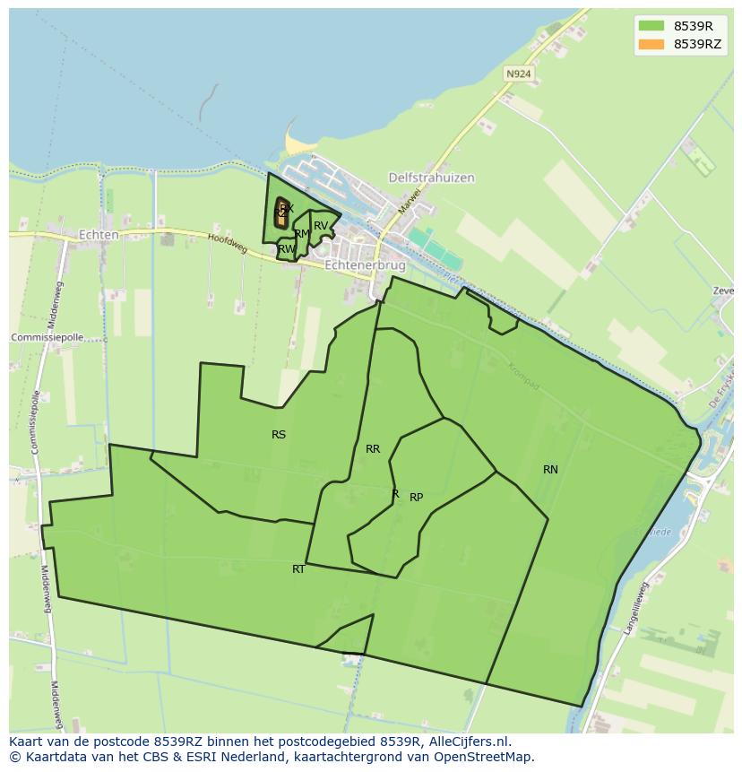 Afbeelding van het postcodegebied 8539 RZ op de kaart.