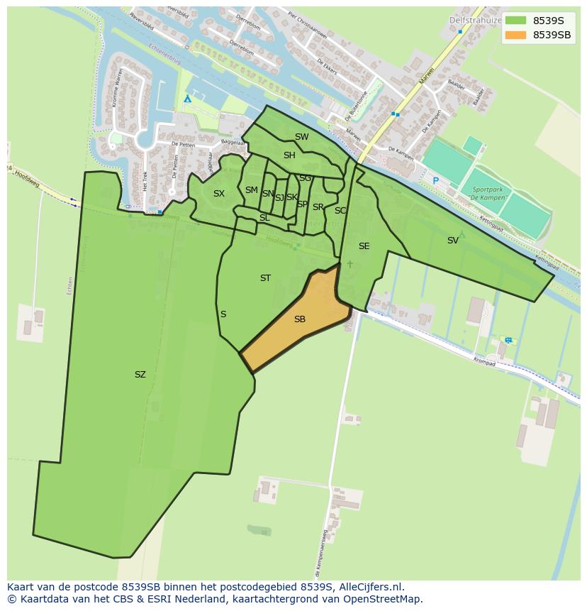 Afbeelding van het postcodegebied 8539 SB op de kaart.