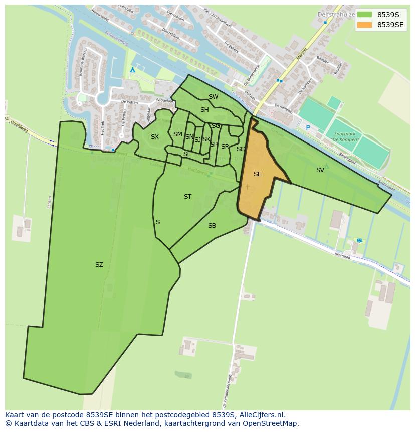 Afbeelding van het postcodegebied 8539 SE op de kaart.