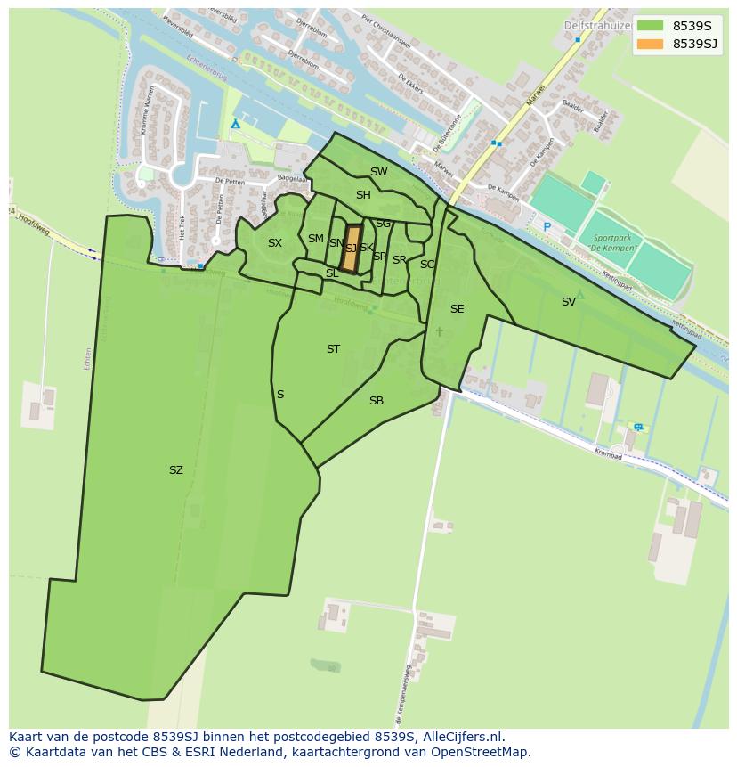 Afbeelding van het postcodegebied 8539 SJ op de kaart.