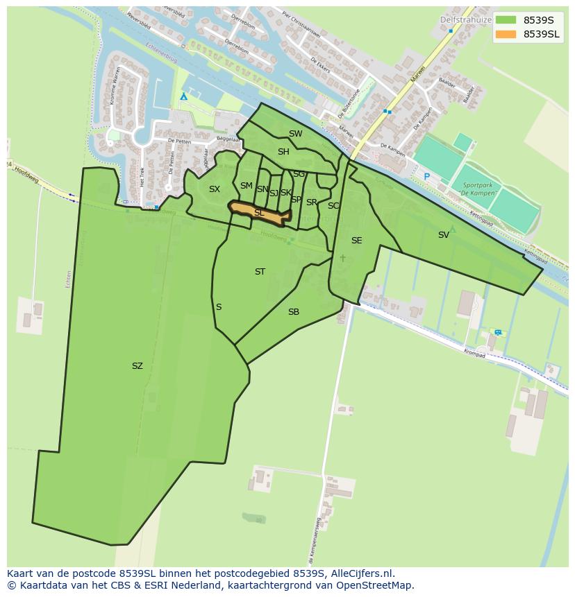Afbeelding van het postcodegebied 8539 SL op de kaart.
