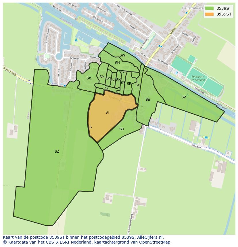 Afbeelding van het postcodegebied 8539 ST op de kaart.