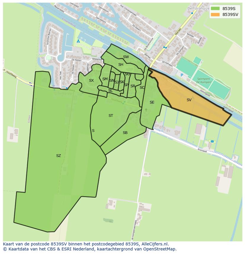 Afbeelding van het postcodegebied 8539 SV op de kaart.