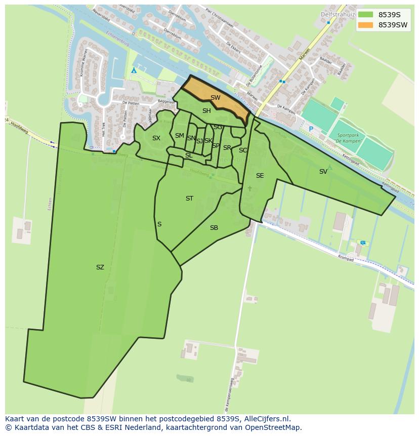 Afbeelding van het postcodegebied 8539 SW op de kaart.