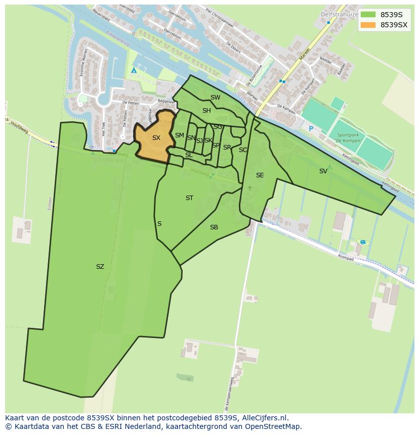 Afbeelding van het postcodegebied 8539 SX op de kaart.