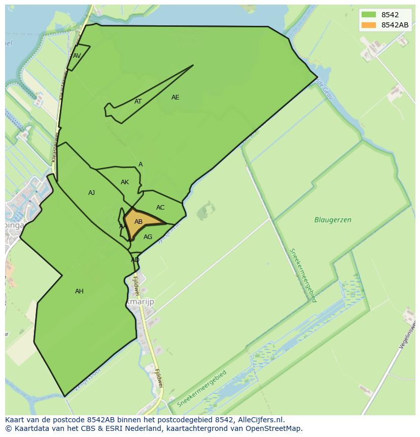 Afbeelding van het postcodegebied 8542 AB op de kaart.