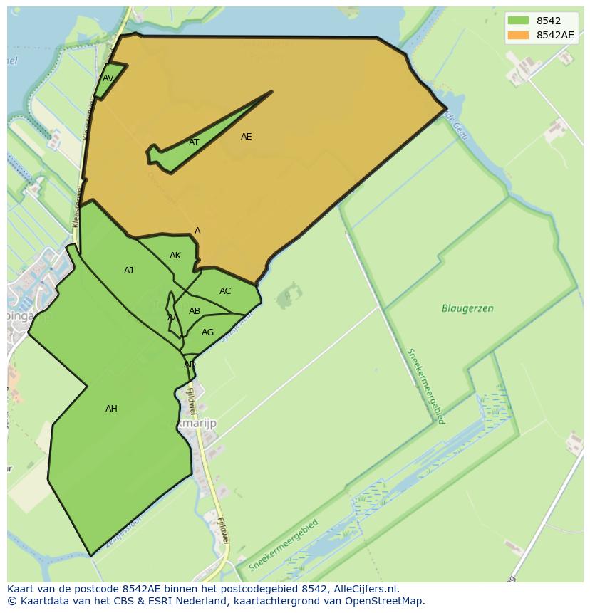 Afbeelding van het postcodegebied 8542 AE op de kaart.