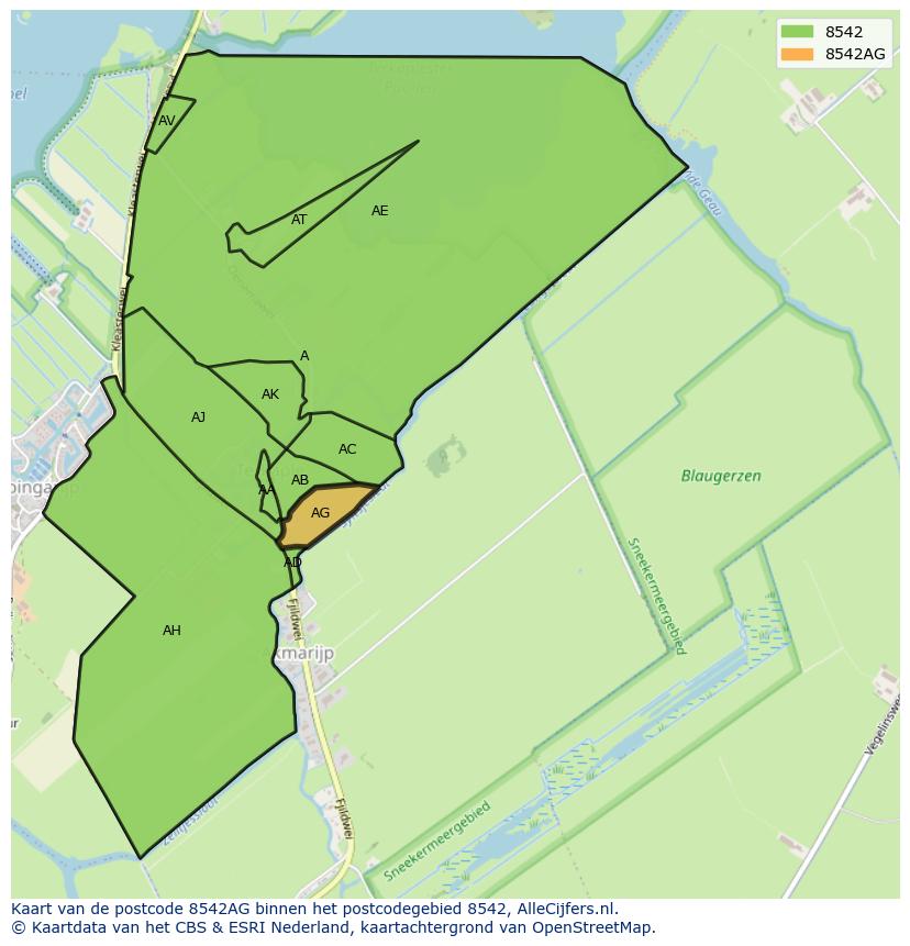 Afbeelding van het postcodegebied 8542 AG op de kaart.