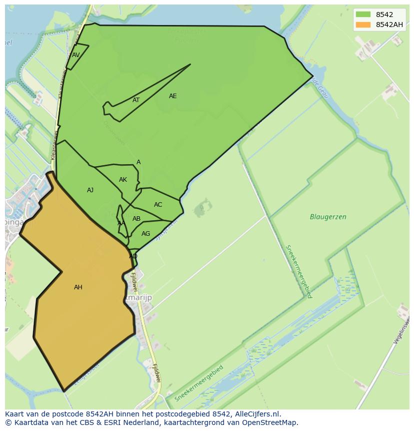 Afbeelding van het postcodegebied 8542 AH op de kaart.
