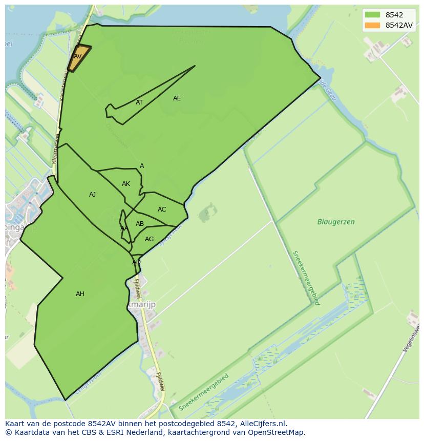 Afbeelding van het postcodegebied 8542 AV op de kaart.