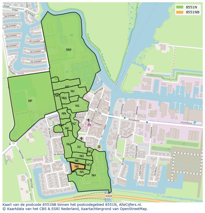 Afbeelding van het postcodegebied 8551 NB op de kaart.