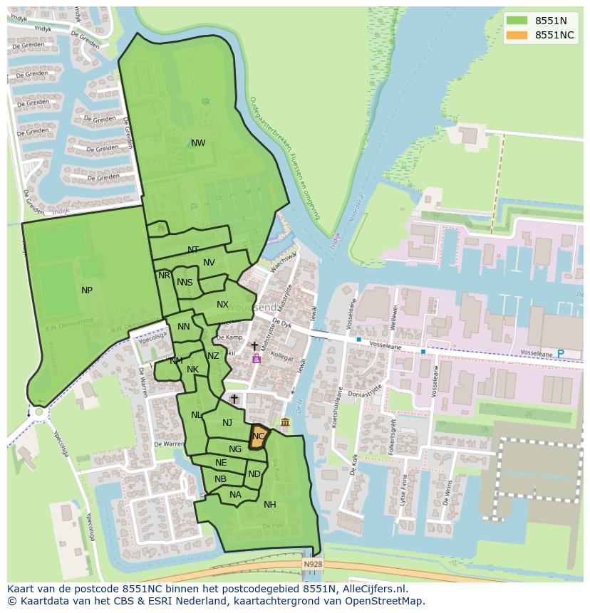 Afbeelding van het postcodegebied 8551 NC op de kaart.