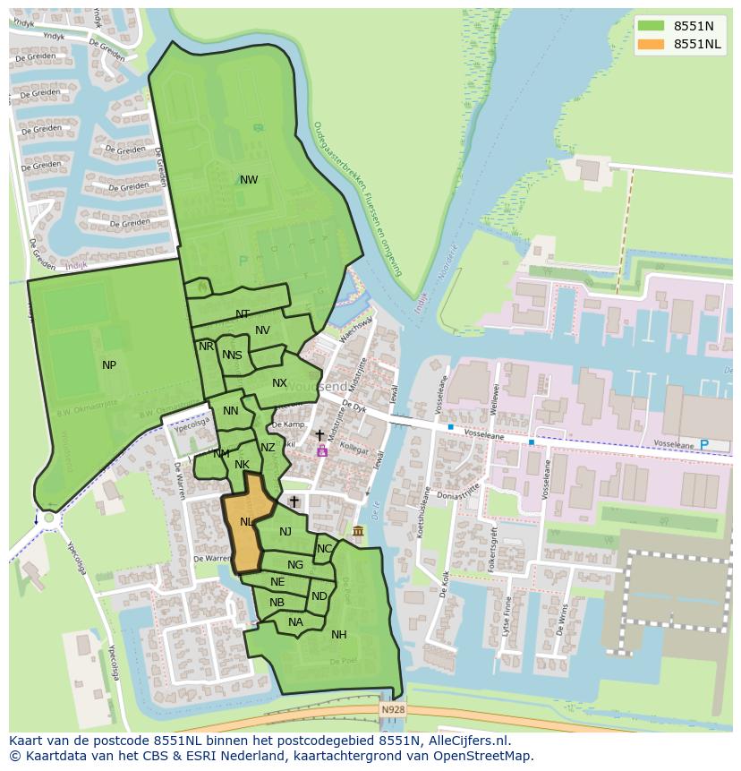 Afbeelding van het postcodegebied 8551 NL op de kaart.