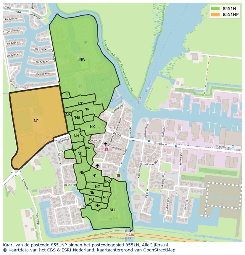 Afbeelding van het postcodegebied 8551 NP op de kaart.