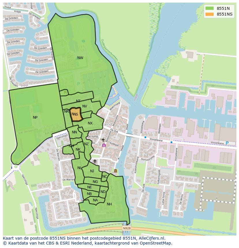 Afbeelding van het postcodegebied 8551 NS op de kaart.