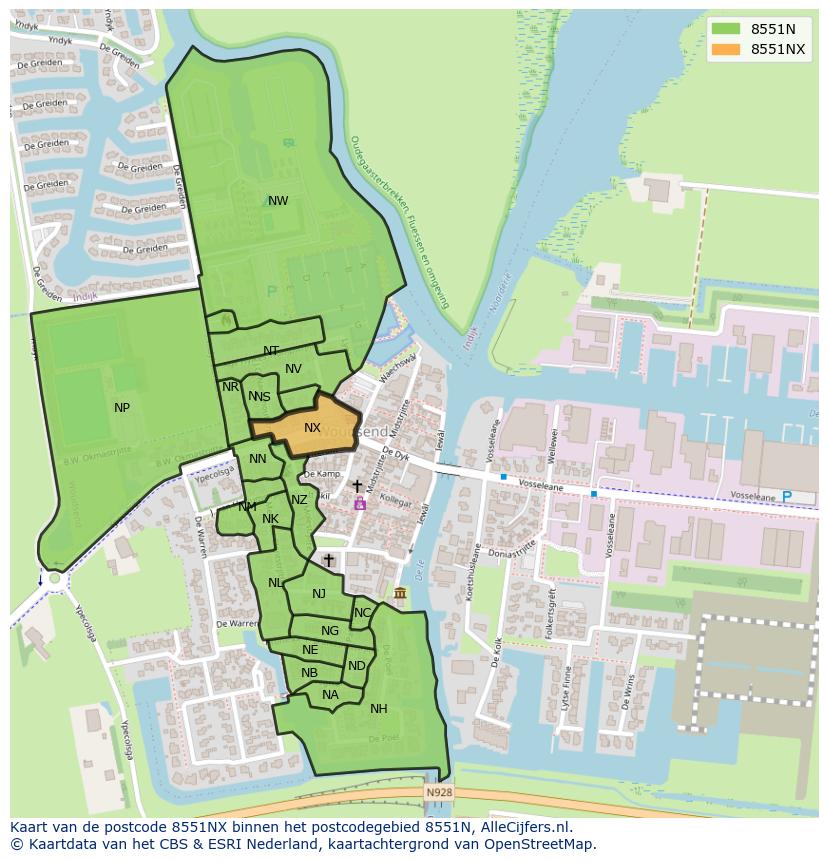 Afbeelding van het postcodegebied 8551 NX op de kaart.