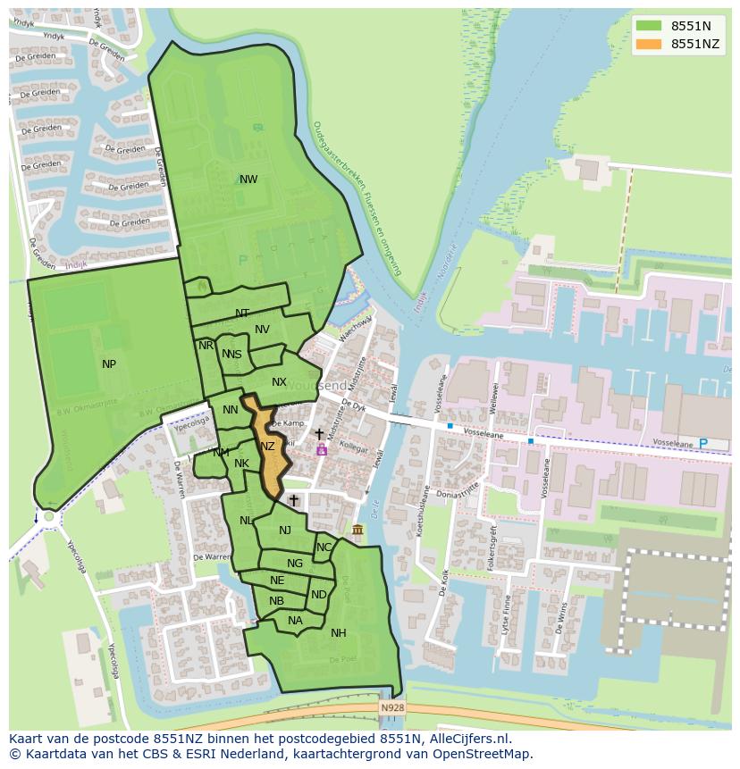 Afbeelding van het postcodegebied 8551 NZ op de kaart.