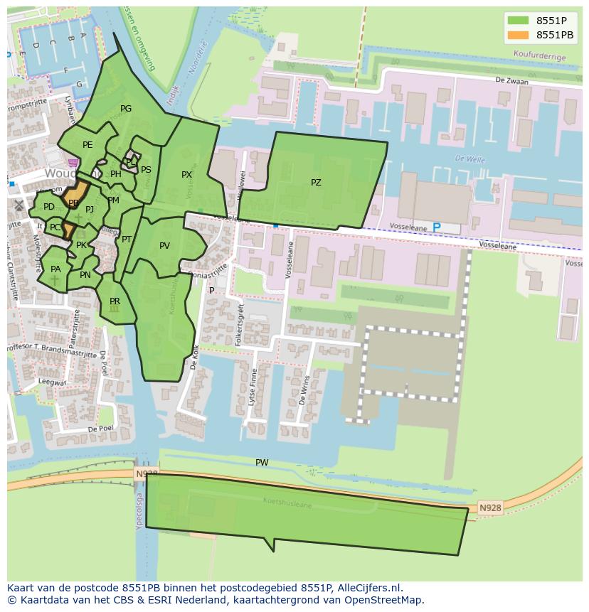 Afbeelding van het postcodegebied 8551 PB op de kaart.