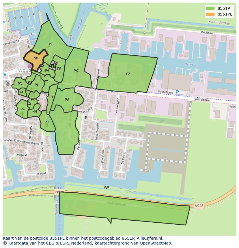 Afbeelding van het postcodegebied 8551 PE op de kaart.