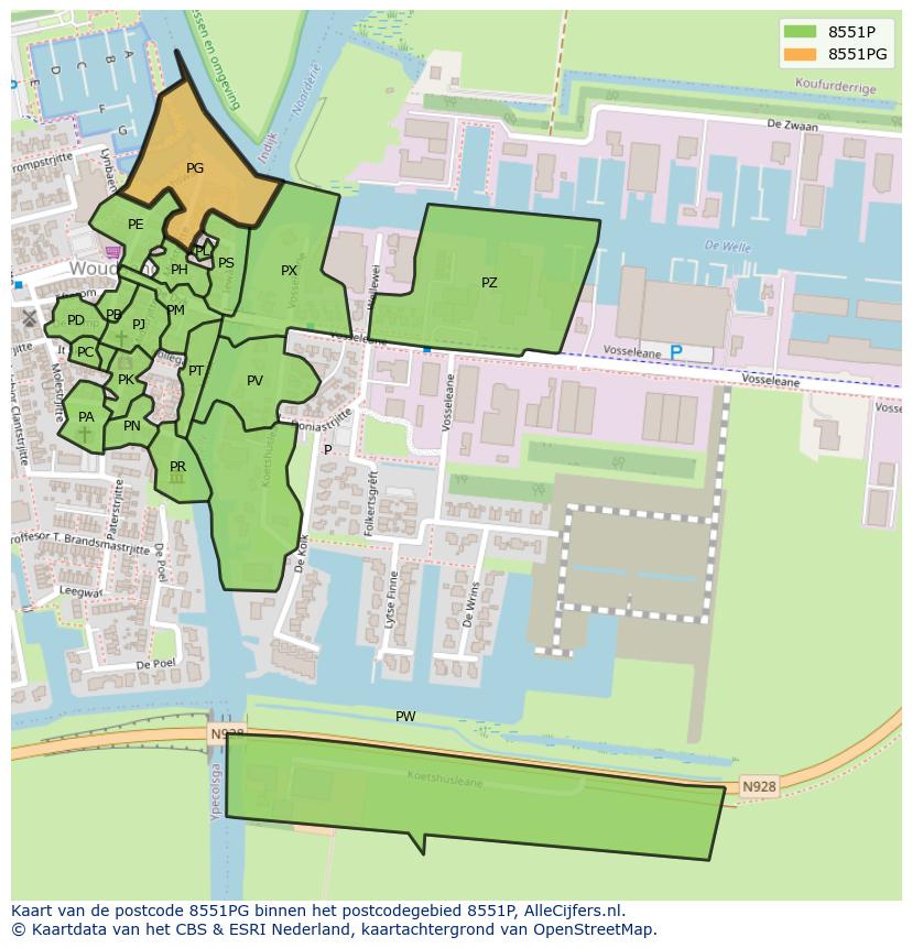 Afbeelding van het postcodegebied 8551 PG op de kaart.