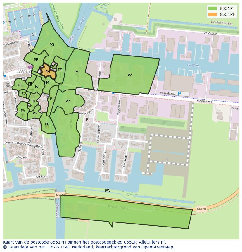 Afbeelding van het postcodegebied 8551 PH op de kaart.