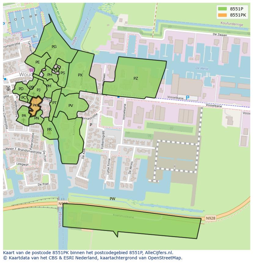 Afbeelding van het postcodegebied 8551 PK op de kaart.