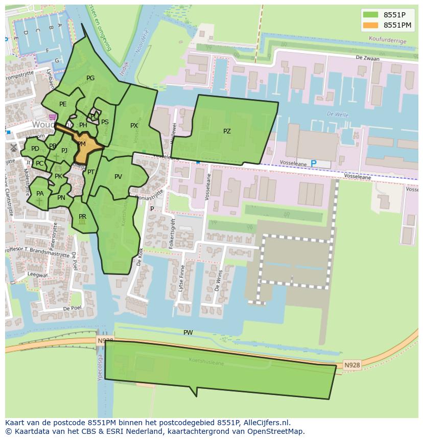 Afbeelding van het postcodegebied 8551 PM op de kaart.