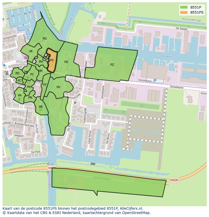 Afbeelding van het postcodegebied 8551 PS op de kaart.