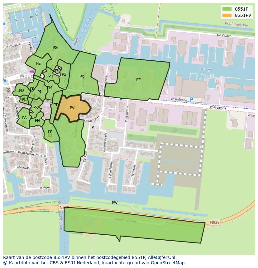 Afbeelding van het postcodegebied 8551 PV op de kaart.