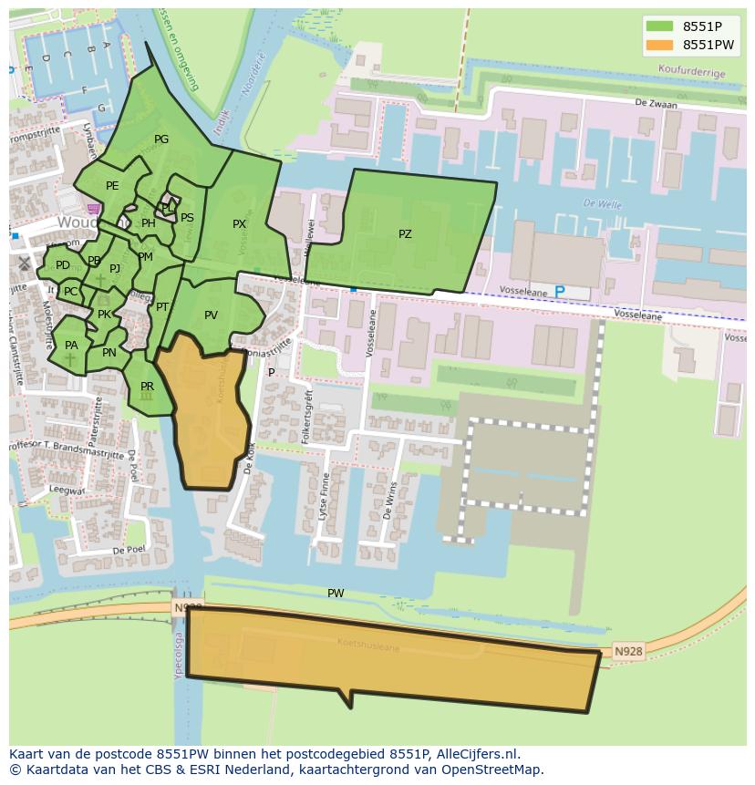 Afbeelding van het postcodegebied 8551 PW op de kaart.