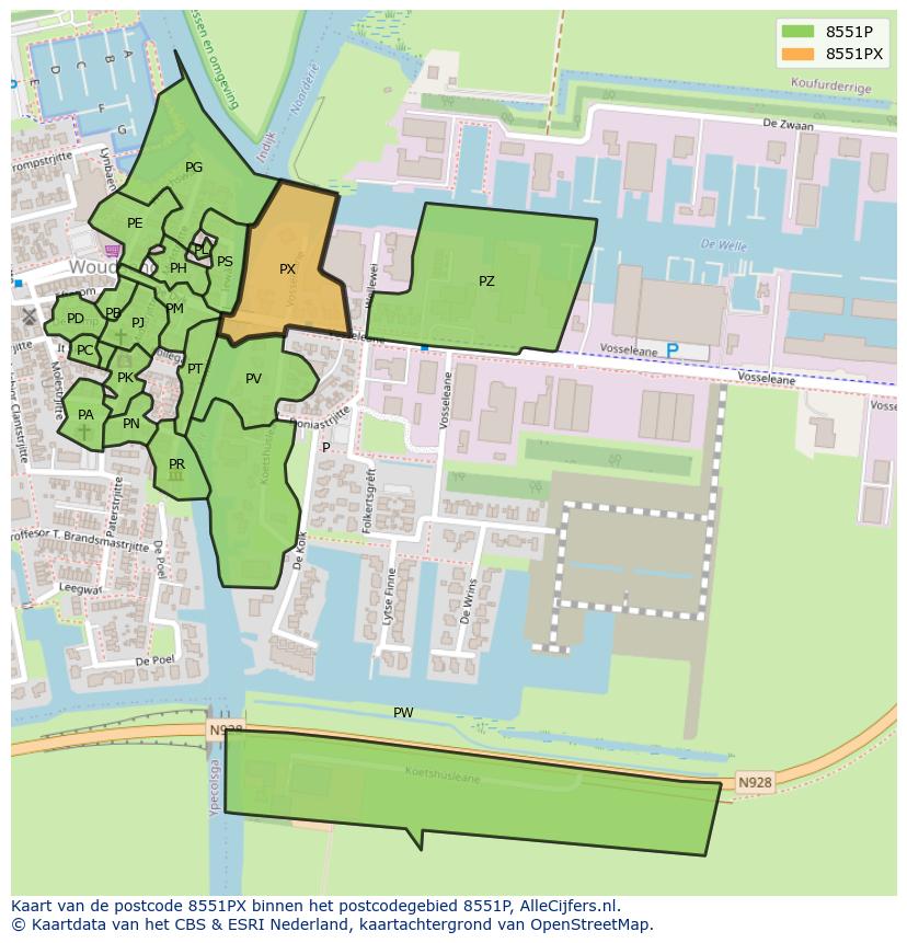 Afbeelding van het postcodegebied 8551 PX op de kaart.
