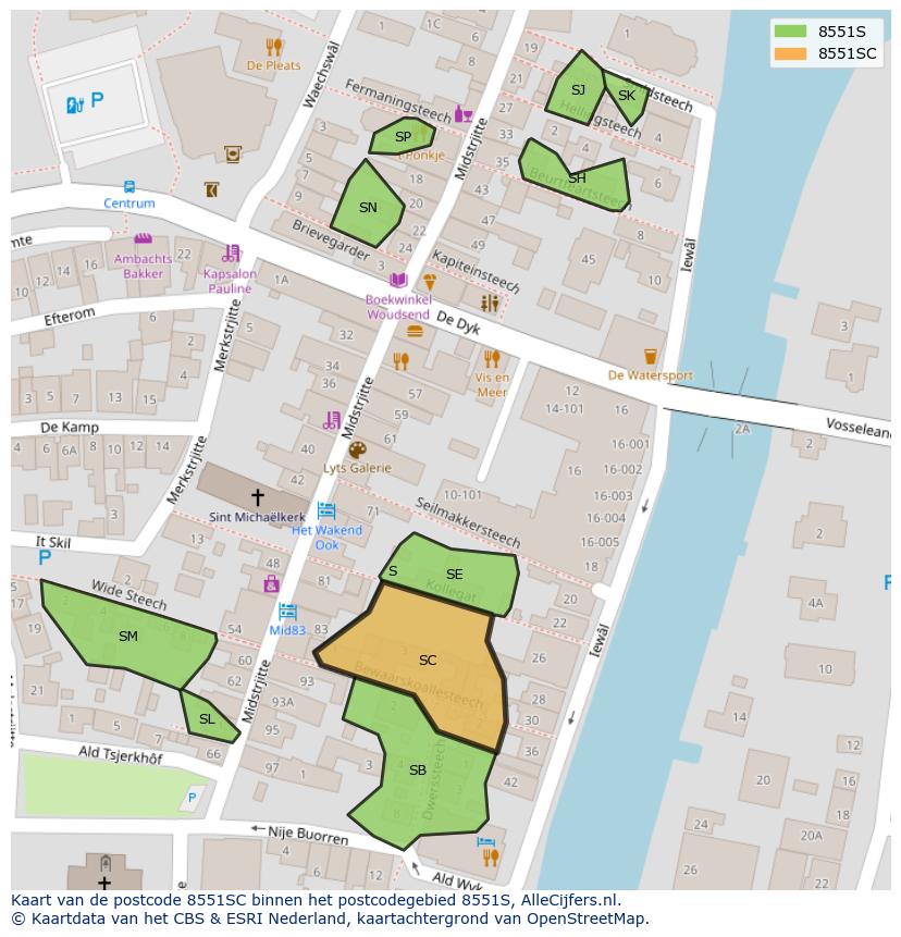 Afbeelding van het postcodegebied 8551 SC op de kaart.