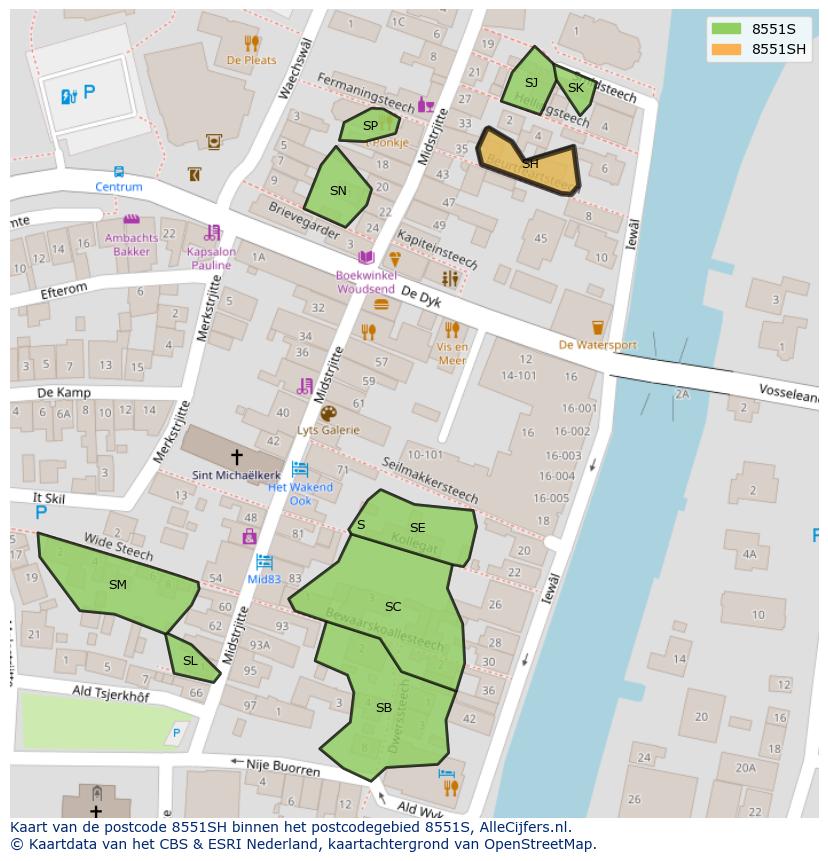 Afbeelding van het postcodegebied 8551 SH op de kaart.