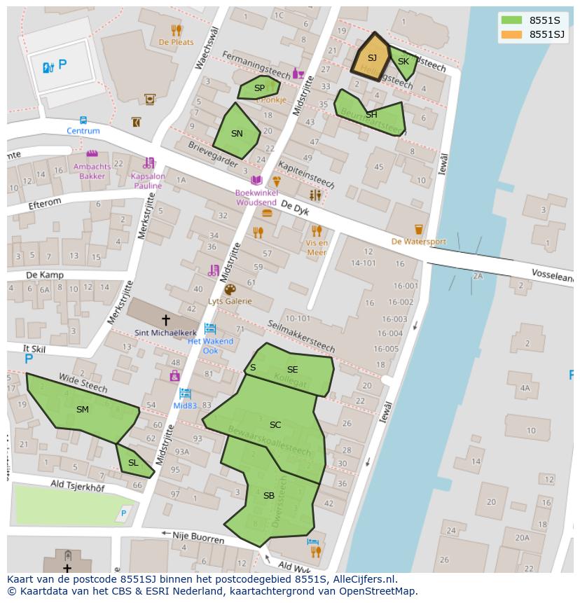 Afbeelding van het postcodegebied 8551 SJ op de kaart.