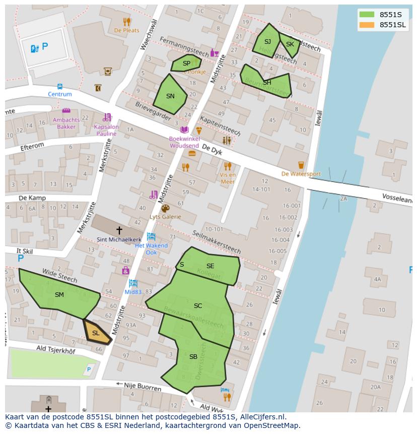 Afbeelding van het postcodegebied 8551 SL op de kaart.