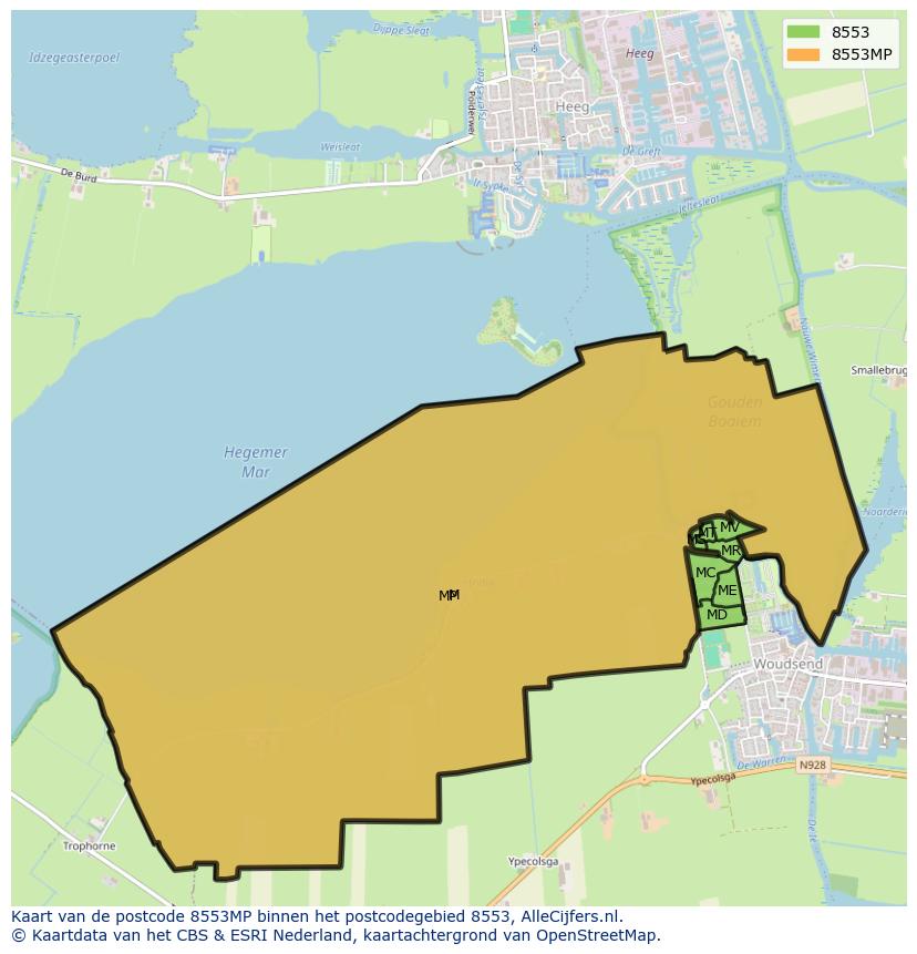 Afbeelding van het postcodegebied 8553 MP op de kaart.
