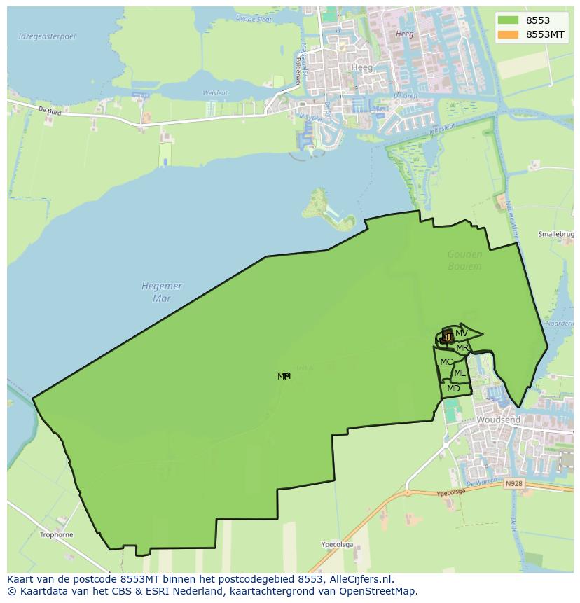 Afbeelding van het postcodegebied 8553 MT op de kaart.