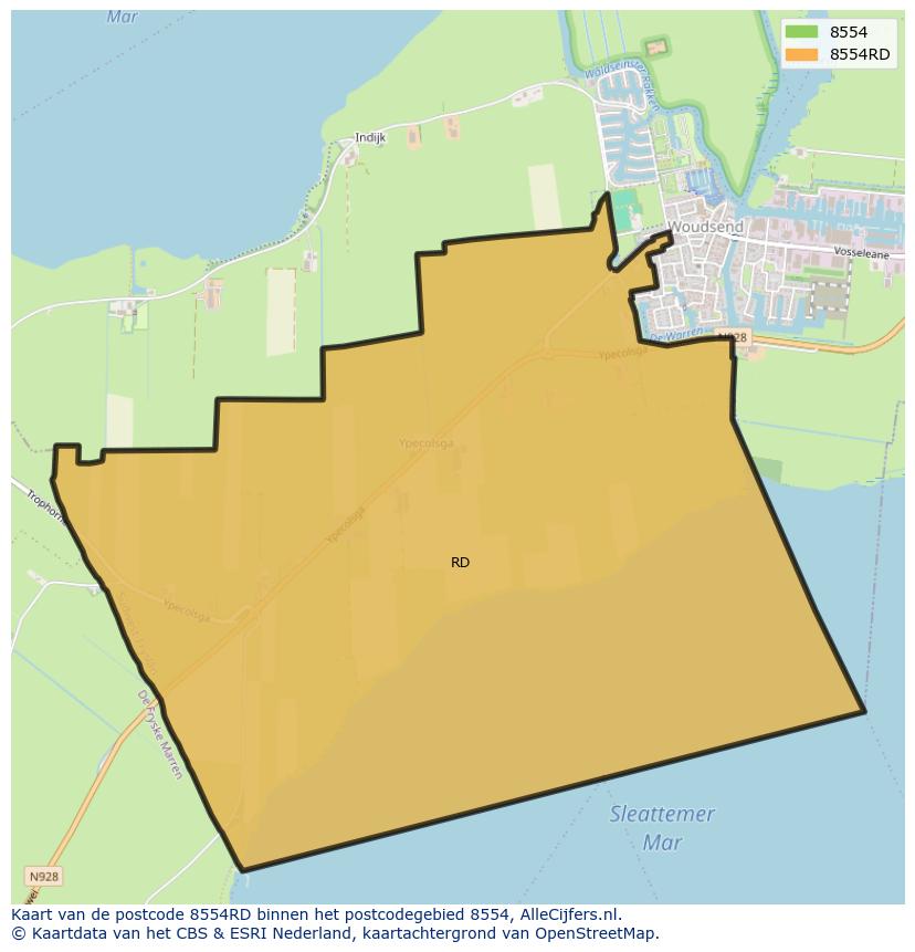 Afbeelding van het postcodegebied 8554 RD op de kaart.