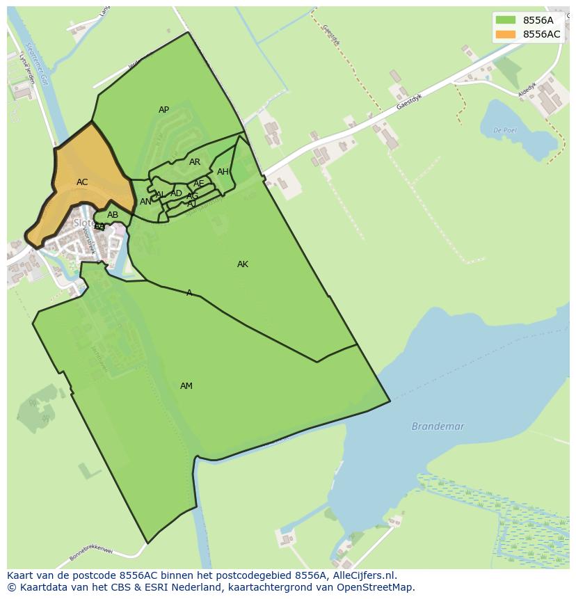 Afbeelding van het postcodegebied 8556 AC op de kaart.