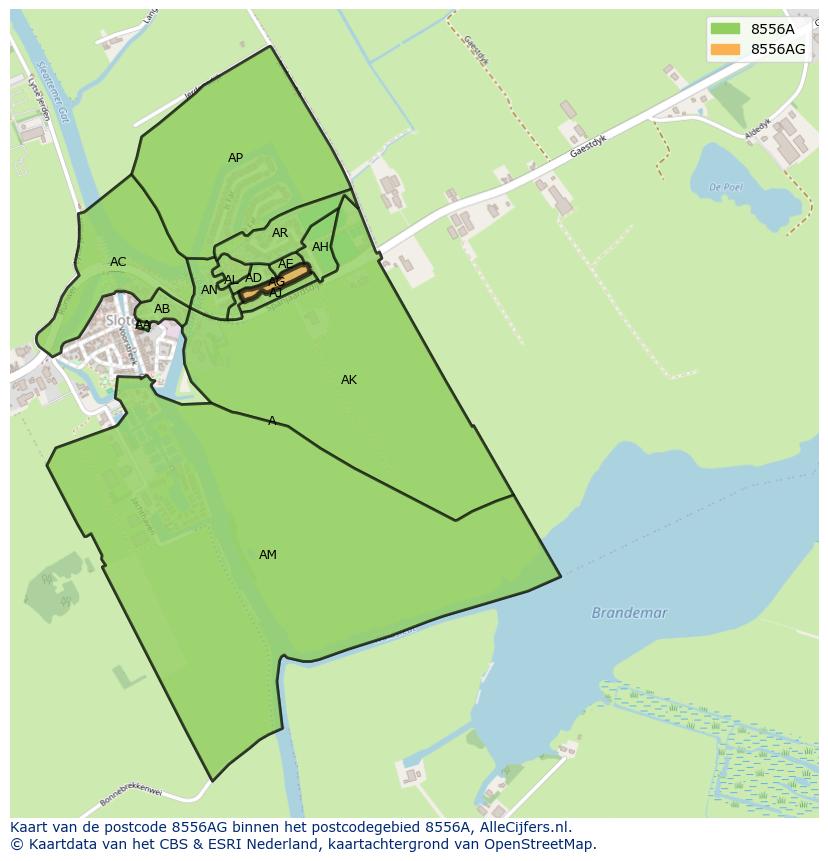 Afbeelding van het postcodegebied 8556 AG op de kaart.