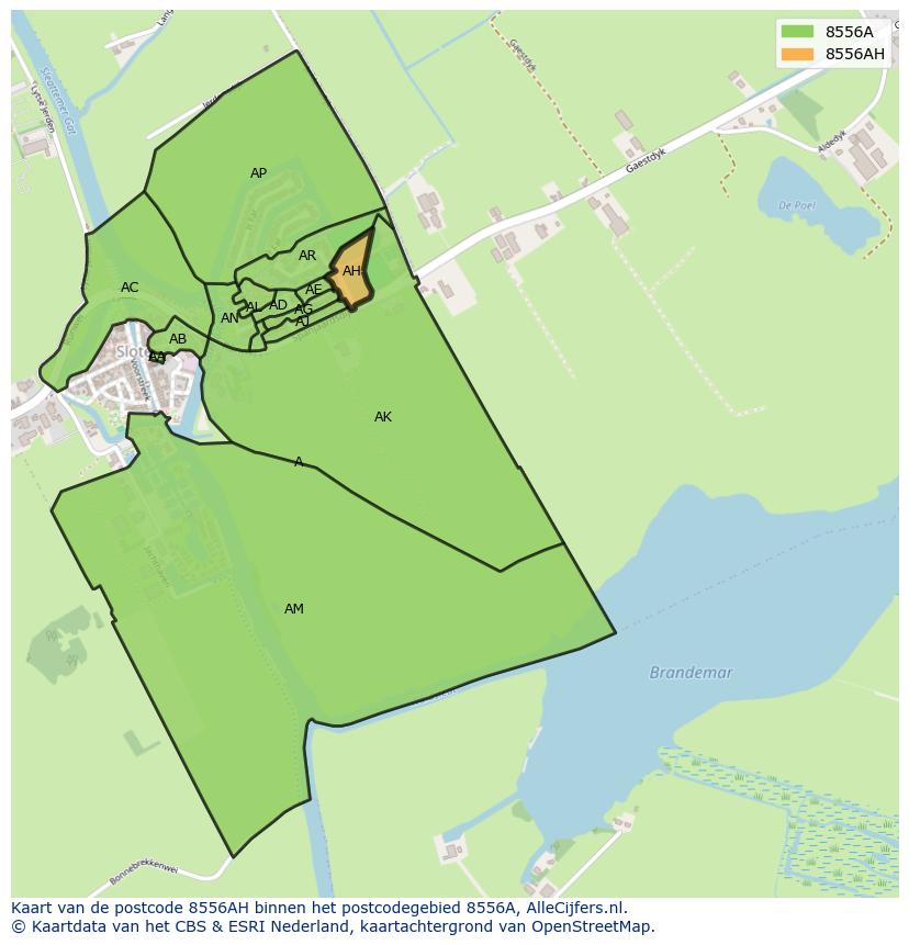 Afbeelding van het postcodegebied 8556 AH op de kaart.