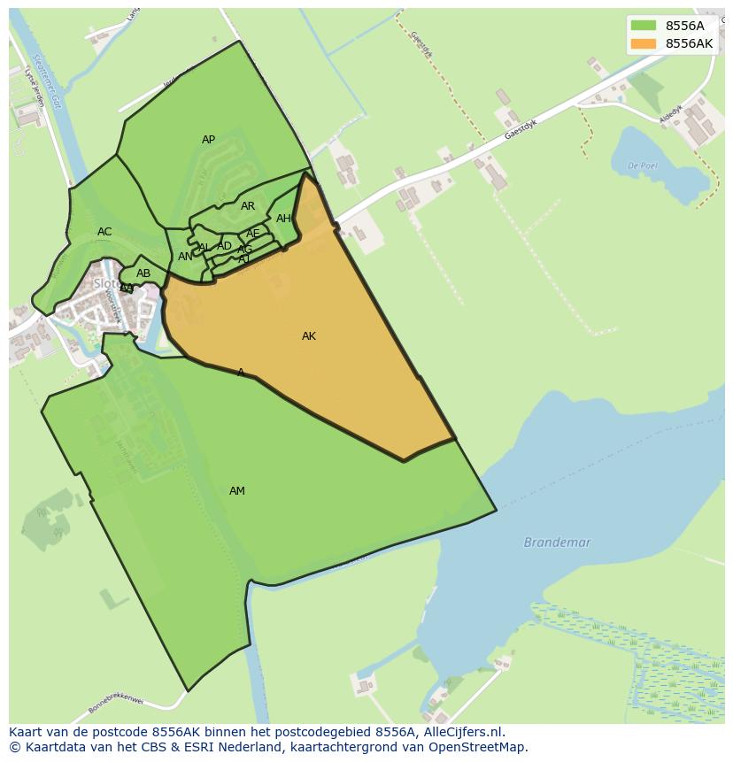 Afbeelding van het postcodegebied 8556 AK op de kaart.