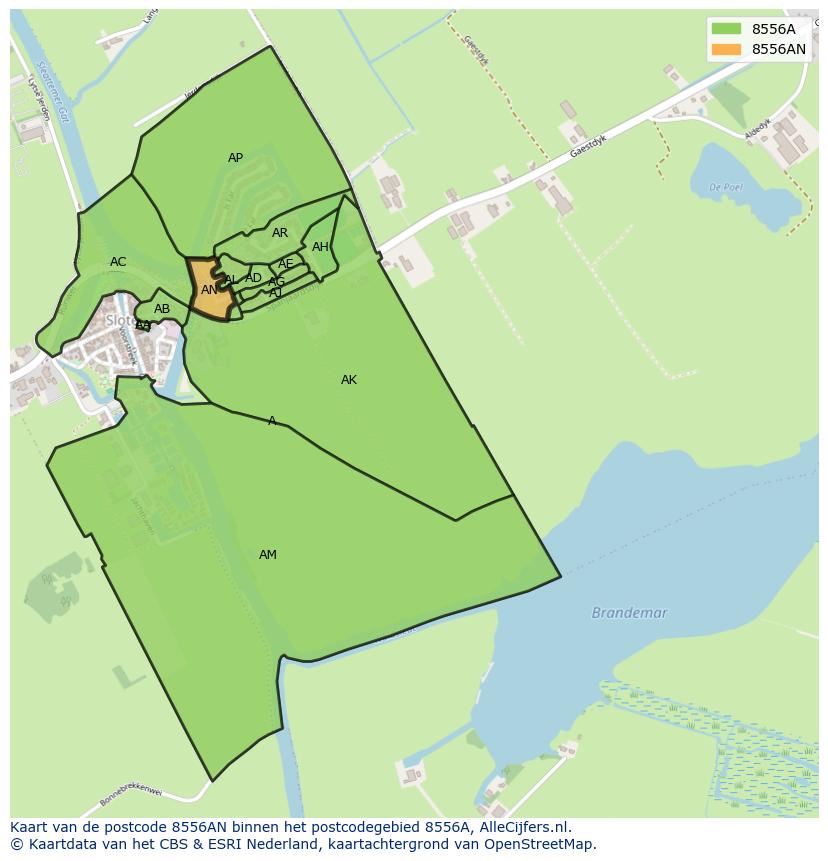 Afbeelding van het postcodegebied 8556 AN op de kaart.