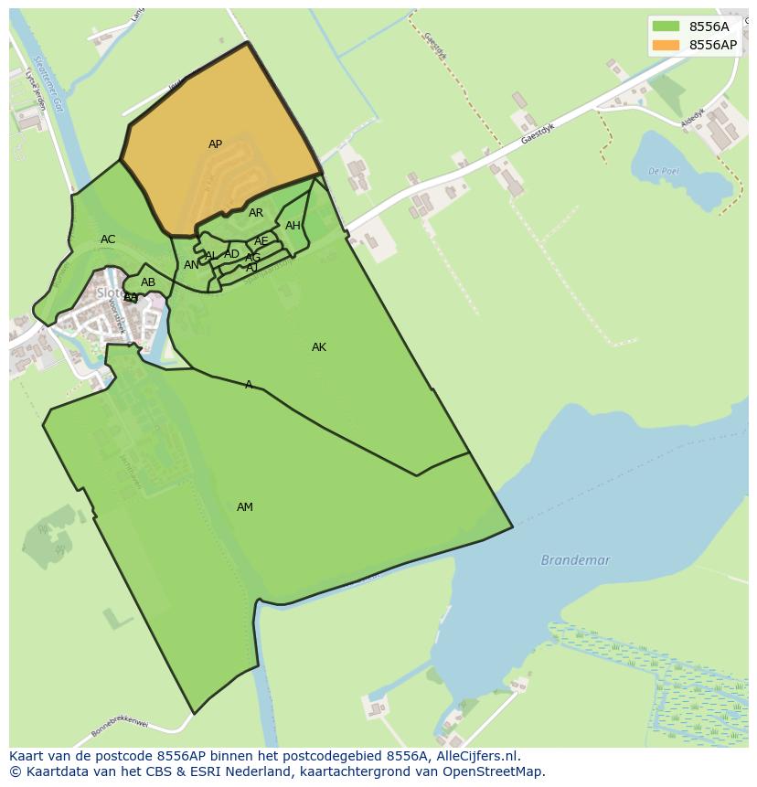 Afbeelding van het postcodegebied 8556 AP op de kaart.