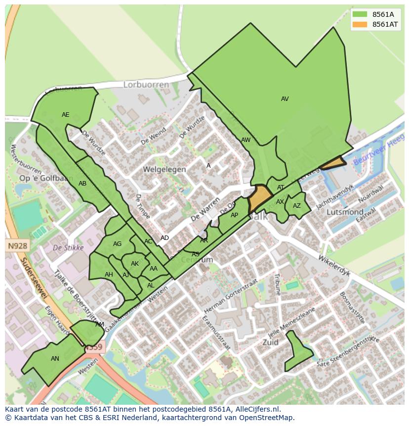 Afbeelding van het postcodegebied 8561 AT op de kaart.