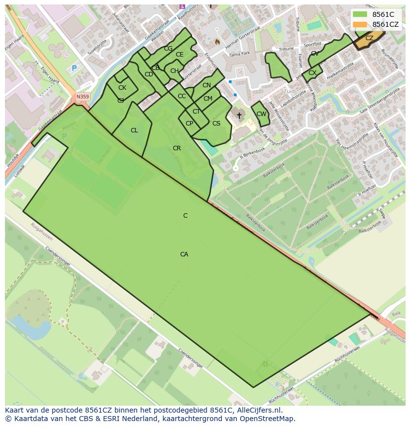 Afbeelding van het postcodegebied 8561 CZ op de kaart.