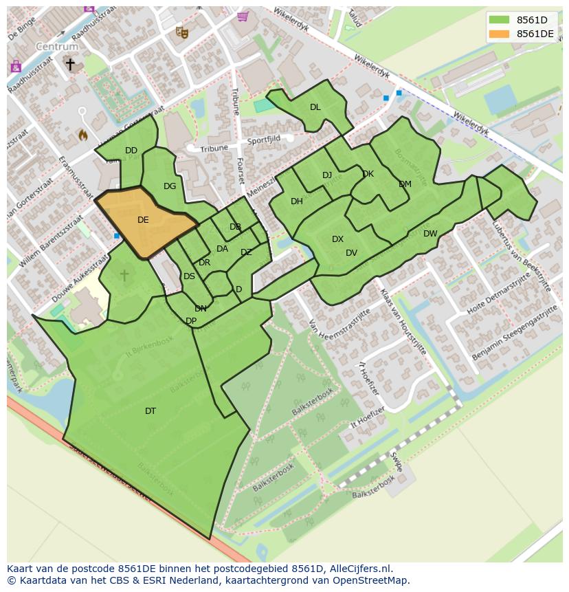 Afbeelding van het postcodegebied 8561 DE op de kaart.