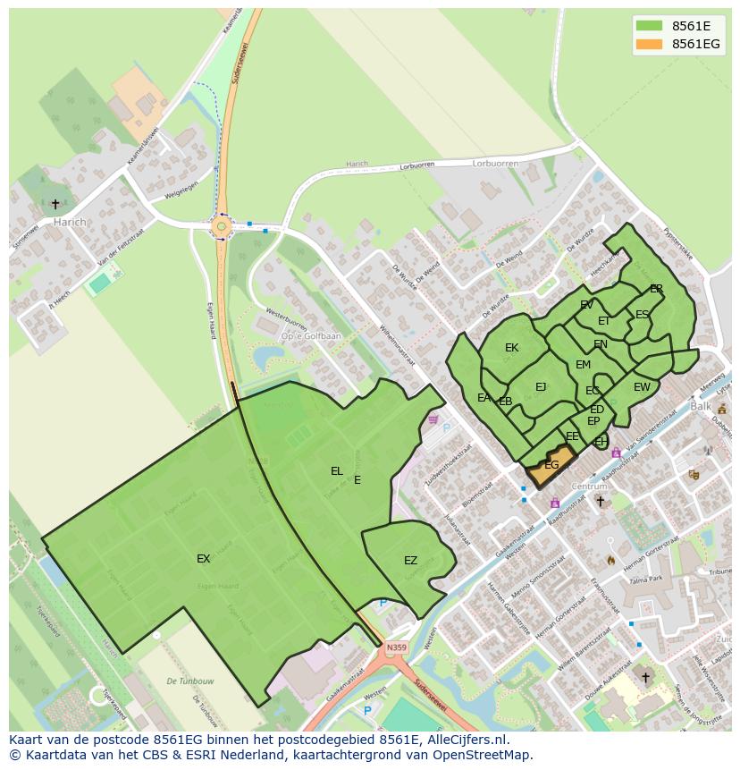 Afbeelding van het postcodegebied 8561 EG op de kaart.